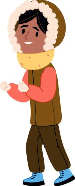 Çizgi film tarzında kapüşonlu ceketi ve atkısı olan rahat kışlık elbiseli bir kız. Soğuk hava için sıcacık giyinen genç bayan karakter neşeli bir ifadeyle. Çizgi film vektör illüstrasyonu.