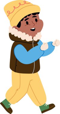 Sıcak kış kıyafetleri içindeki bir çocuk çizgi film tarzında neşeli bir ifadeyle yürür. Resimde, soğuk hava için giyinmiş enerjik hareket eden genç bir insan tasvir ediliyor. Çizgi film vektör illüstrasyonu.