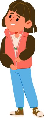 Çizgi film tarzında neşeli bir ifadeyle kışlık ceketli bir kız. Genç bir bayan kalın kıyafetler giyiyor ve parlak bir şekilde gülümsüyor. Çizgi film vektör illüstrasyonu.