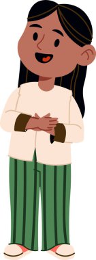 Uzun saçlı gülümseyen bir çocuk düz bir tarzda çizilmiş günlük bir kıyafet içinde durur. Genç figür açık bluz ve çizgili pantolon giyiyor. Çizgi film tarzında tasvir ediliyor. Çizgi film vektör illüstrasyonu.