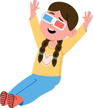 Örgülü ve kalp tişörtlü bir kız, çizgi film tarzında 3D gözlük takmaktan hoşlanır. Heyecandan kollarını kaldırıyor, neşeli yüz ifadesini sergiliyor. Çizgi film vektör illüstrasyonu.