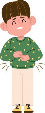 Yüzünde acı dolu bir ifade olan genç bir çocuk, karnını çizgi film tarzında tutuyor. Çocuk benekli bir kazak giyiyor ve rahatsız görünüyor. Çizgi film vektör illüstrasyonu.