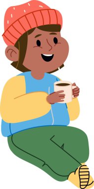 Elinde bir fincan çayla oturan, bere takan ve çizgi film tarzında giyinen bir kız. Genç bir bayan sıcak bir içkinin tadını çıkarıyor, rahat bir şekilde giyinmiş ve gülümsüyor. Çizgi film vektör illüstrasyonu