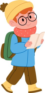 Kış kıyafetli genç bir çocuk çizgi film tarzında çizilmiş bir kitap okuyor. Çocuk yürürken gözlük, eşarp ve bir sırt çantası takıyor. Çizgi film vektör illüstrasyonu.