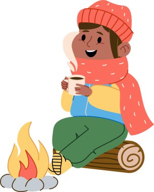 Kamp ateşinin yanında elinde çay fincanıyla çizgi film tarzında oturan bir kız. Genç bir bayan ateşin yanında sıcak bir içkinin tadını çıkarıyor. Çizgi film vektör illüstrasyonu.