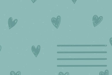 Karikatür şeklinde kalp şeklinde kağıt kesiklerle süslenmiş bir zarf. Bir kalp motifleri koleksiyonu zarf yüzeyini neşeli bir şekilde dekore eder. Çizgi film vektör illüstrasyonu.