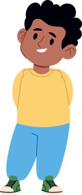 Kıvırcık saçlı genç bir çocuk gülümsüyor, elleri arkasında çizgi film tarzında duruyor. Çocuk günlük giysiler ve yeşil spor ayakkabılar giyiyor, dostane bir tavır sergiliyor. Çizgi film vektör illüstrasyonu.