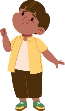 Kısa kollu gömlek ve şort giyen, neşeli bir yüzü olan genç bir çocuk. Çocuk güvenli bir şekilde duruyor, bir eli havada ve diğer eli rahat. Çizgi film vektör illüstrasyonu.