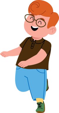 Gözlüklü ve kıvırcık saçlı neşeli bir çocuk çizgi film tarzında neşeyle yürür. Çocuk büyük bir gülümseme ile tasvir edilir, günlük kıyafetler ve ayakkabılar giyer. Çizgi film vektör illüstrasyonu.