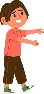 Kısa saçlı ve kocaman gülümseyen bir çocuk çizgi film tarzında kollarını açmış duruyor. Çocuk, günlük kıyafetlerle arkadaşça bir poz içinde tasvir ediliyor. Çizgi film vektör illüstrasyonu.