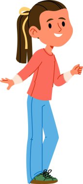 Uzun kollu gömlek ve kot pantolon giyen parlak bir şekilde gülümseyen at kuyruklu genç bir kız. Karakter neşeli bir ifadeyle kendinden emin duruyor. Çizgi film vektör illüstrasyonu.