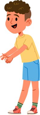 Kıvırcık saçlı genç bir çocuk karikatür tarzında çizilmiş sıradan bir kıyafetle gülümsüyor. Çocuk bir tişört ve şort giyiyor, neşe ve arkadaşlığı ifade ediyor. Çizgi film vektör illüstrasyonu.