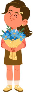 Gülümseyen bir kız bir buket çiçeği büyüleyici bir çizgi film tarzında tutar. Genç kadın karakter, elinde çiçeklerle tasvir edilir. Çizgi film vektör illüstrasyonu.