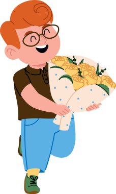 Gözlüklü gülümseyen bir çocuk neşeli bir çizgi film tarzında bir buket çiçek taşıyor. Neşeli çocuk parlak detaylar ve neşeli bir ifadeyle tasvir edilir. Çizgi film vektör illüstrasyonu.