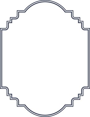 Temiz bir çizgide çift çizgili bir rozet çerçevesi. Üst ve üst köşeleri kıvrımlı dekoratif etiket hatları, ince vuruş, boş merkez. Çizgi film vektör illüstrasyonu