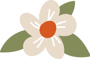 Yuvarlak merkezli stilize bir çiçek ve düz bir dizaynda iki yaprak. Yapraklar ve yapraklar modern, sadeleştirilmiş bir şekilde tasvir edilir. Çizgi film vektör illüstrasyonu.