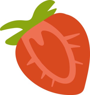 Yeşil yapraklı, koyu ve soyut bir tarzla stilize edilmiş çilek. Meyvede keskin kenarları ve en az ayrıntıları olan basit bir tasarım yer alıyor. Çizgi film vektör illüstrasyonu.