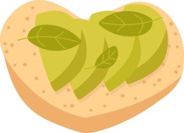 Avokado dilimleri ve yapraklar kalp şeklinde bir tostun üzerinde düz bir şekilde. Ekmek yeşil yapraklar ve avokado parçalarıyla kaplıdır. Çizgi film vektör illüstrasyonu.