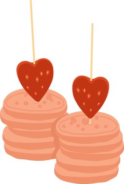 Yığılmış gözlemeler, kalp şeklinde üst kapaklı düz bir tarzda. Şişlenmiş kalplerle süslenmiş iki gözleme yığını. Çizgi film vektör illüstrasyonu.