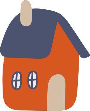 Yuvarlak çatılı ve çizgi film tarzında kavisli pencereli tuhaf bir kulübe. Ev kıvrımlı bir bacaya ve basit şekillere sahip. Çizgi film vektör illüstrasyonu.