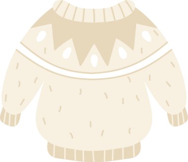 Yumuşak, desenli geometrik desenli, sıcak örülmüş bir kazak. Kazakta zigzag motifi ve tırtıklı kelepçeler var. Çizgi film vektör illüstrasyonu.