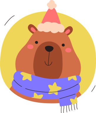 Capybara, çizgi film tarzında bir Noel Baba şapkası ve eşarp giyiyor. Kemirgen, kış şapkası ve boyunluğu ile şenlikli bir şekilde giyinmiş. Çizgi film vektör illüstrasyonu.