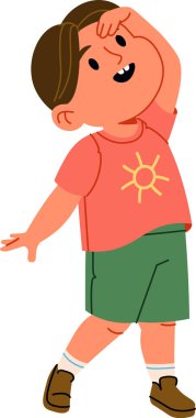 Yukarıya bakan çocuk, el gölgesi, düz gölgeler ve temiz çizgiler. Çocuk başını eğiyor, tuhaf bir poz veriyor ve güneşli tişört grafiği, düzgün şekiller. Çizgi film vektör illüstrasyonu