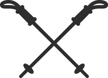 Kayak direği çifti, düz siluet şeklinde, ilmikli tutuş ve sepetle X 'le kesişiyor. Kış sporunun, maceranın, alp takımlarının ve açık hava aktivitelerinin sembolü. Çizgi film vektör illüstrasyonu.