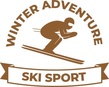 Kayakçı, retro rozet kurdelesi, kalın metin ve temiz çizgiler içinde miğfer ve direkler ile yamaçta çömeliyor. Hız, spor, kış macerası, yarış ve dayanıklılığın sembolü. Çizgi film vektör illüstrasyonu.