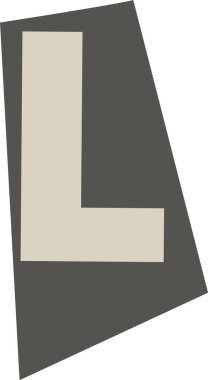 Çarpık levha üzerinde L harfi, düz geometrik çizim ve kalın blok şekli. Açılı plakette L baş harfleri, temiz hatlar ve keskin kenar grafik tarzı. Çizgi film vektör illüstrasyonu