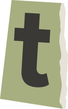 Yırtık kağıt üzerinde küçük t harfi düz grafik şeklinde. Kaba kenarlı kağıtta kalın şekilli ve temiz hatlı bir harf. Çizgi film vektör illüstrasyonu