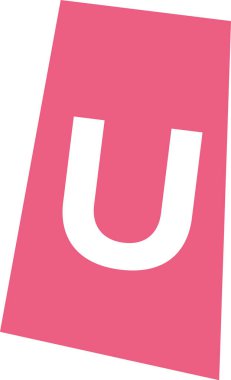 Düz geometrik çizimde, eğimli dikdörtgen bir kartta U harfi. Temiz negatif alan ve kalın şekilli çarpık paneldeki kavisli kabartma. Çizgi film vektör illüstrasyonu