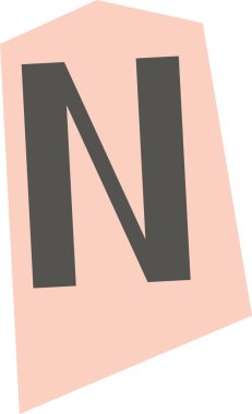 Düz geometrik tarzda açılı bir çokgen panelde N harfi. Temiz şekiller ve keskin kenarlarla oluşturulmuş çarpık kart şekilli bloklanmış monogram. Çizgi film vektör illüstrasyonu