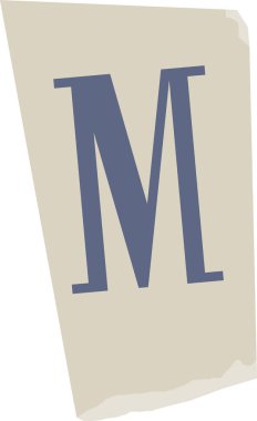 Açılı kağıtta M harfi, düzgün geometrisi ve pürüzlü kenarları olan düz grafik. Pürüzlü poster dokusunda kalın serif kabartma, minimum gölgeleme ve çıtır çıtır taslak. Çizgi film vektör illüstrasyonu