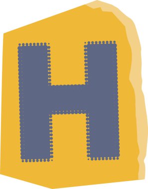 H harfi, pürüzlü dikişli, düz geometrik çizim. Sivri uçlu bloktaki kalın tipografik eklenti, desenli kenar, temiz şekil verme. Çizgi film vektör illüstrasyonu