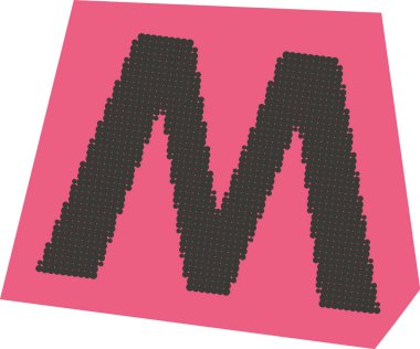 Çarpık bir paneldeki nokta izlerinden M harfi inşa edilmiş. Tahıl dokusuna ve açılı arka plan şekline sahip kalın monogram. Çizgi film vektör illüstrasyonu