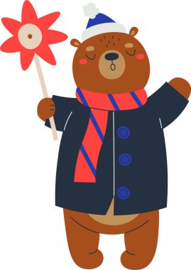 Palto, atkı ve şapkada fırıldak var. Çizgi film tarzında çizilmiş. Sıcak memeliler açık giyim ve bere giyer. Pençe ve oyuncak sallarlar. Çizgi film vektör illüstrasyonu