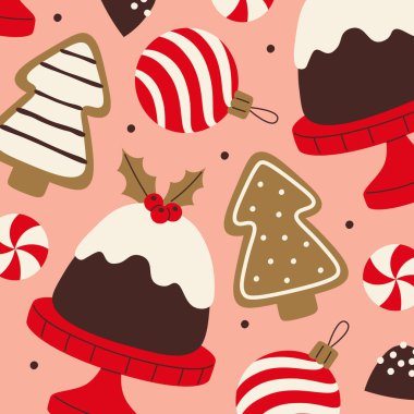 Noel pudingi desenli Holly, pasta standı, takı, ağaç kurabiyesi ve tekrar eden kıvrımlı şekerler. Arka planda tekrarlanan neşeli tatlı motifi. Çizgi film vektör illüstrasyonu