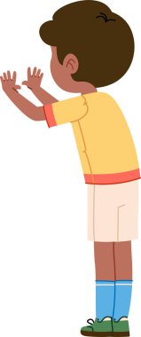 Çocuk el çırpıyor, şort giyiyor ve temiz bir çizgi film gölgesinde çoraplar giyiyor. Kutlama, alkış, destek, onay ve cesaret. Çizgi film vektör illüstrasyonu.