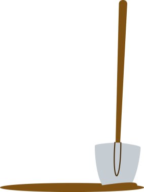 Toprağa gömülü uzun saplı kürek, su birikintisi gibi bir tümsek ve boş bir alan oluşturuyor. Bahçeciliğin, işçiliğin, kazıların ve büyüme ve çabaların sembolü. Çizgi film vektör illüstrasyonu.