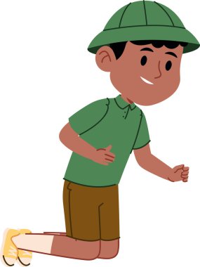 Safari kıyafetli, gülümseyerek diz çökmüş, şapkası, polosu ve şortu olan temiz bir çizgi film karakteri. Keşif sembolü, merak, açık hava macerası ve öğrenme. Çizgi film vektör illüstrasyonu.