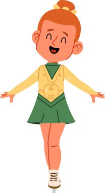 Artistik patinajcı kız kollarını açmış, gülümsüyor, buzda elbise ve botlar giyiyor. Zarafet teması, denge, yetenek ve kazanma performansı. Çizgi film vektör illüstrasyonu.