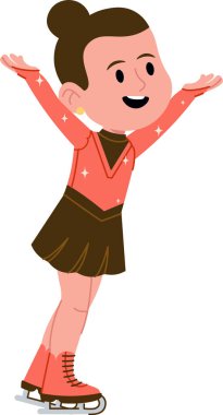 Artistik patinajcı kız kollarını kaldırıyor. Elbise ve çizme giyiyor. Üzerinde parlak detaylar var. Zarafet, zafer, disiplin ve kış sporunun sembolü. Çizgi film vektör illüstrasyonu.