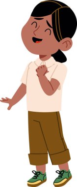 Kız, bir eli göğsünde diğeri ise polo, pantolon ve spor ayakkabılarıyla gülerek ayakta duruyor. Neşe, mizah, mutluluk, çocukluk ve pozitif duygu. Çizgi film vektör illüstrasyonu.