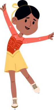 Genç patenci bir bacağı havada, kolları açık, elbise ve çizme giyiyor. Zarafet sembolü, disiplin, spor hırsı, kış gösterisi performansı. Çizgi film vektör illüstrasyonu.