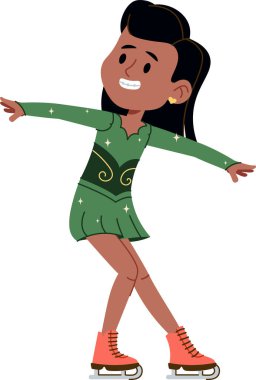 Artistik kollarıyla süzülen patenci, parlak elbisesi, bağcıkları bağlayan çizmeleri, temiz hatları ve kalın şekilleri var. Sporda zarafet, disiplin ve hırs sembolü. Çizgi film vektör illüstrasyonu.