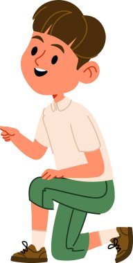 Diz çöküp gülümseyen, elleriyle işaret eden gömlek, pantolon ve spor ayakkabıları giyen bir çocuk. Rehberlik, ilgi, eğitim ve öğretim kavramı. Çizgi film vektör illüstrasyonu.