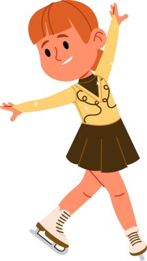 Artistik patinajcı kız kollarını açmış, gülümsüyor, buzda elbise ve botlar giyiyor. Zarafet, spor, uygulama, amaç ve performans mükemmelliğinin sembolü. Çizgi film vektör illüstrasyonu.