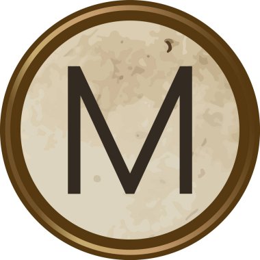 Sıkıntılı patinajlı M tuşlu daktilo, kalın harf formu ve klasik grunge işlemeli dairesel metal kenarı. Retro monogram düğmesi aşınmış yüzey dokusunu gösteriyor. Çizgi film vektör illüstrasyonu