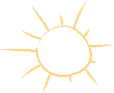 Kabaca dairesel çekirdekli ve düzensiz ışınlı güneş, boş arkaplanda elle çizilmiş fırça çizimi. Sıcaklığın, enerjinin, pozitifliğin, yazın, güneşin doğuşunun, gün ışığının, iyimserliğin sembolü. Çizgi film vektör illüstrasyonu.